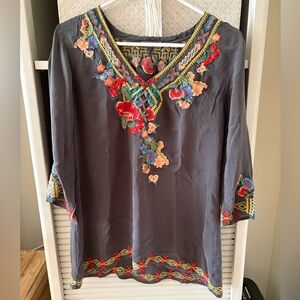 Johnny Was Charcoal Embroidered V-Neck Tunic with Multicolor Floral Accents